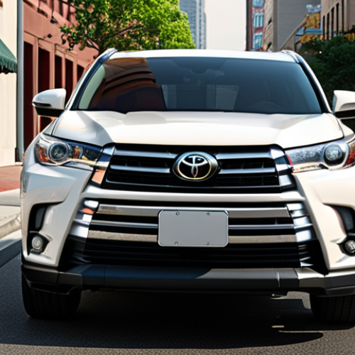 **

A sleek and modern Toyota Highlander SUV with a bold front grille and sharp LED headlights. The background showcases a city street, emphasizing fuel efficiency and everyday usability.

**