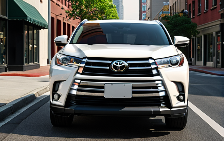**

A sleek and modern Toyota Highlander SUV with a bold front grille and sharp LED headlights. The background showcases a city street, emphasizing fuel efficiency and everyday usability.

**