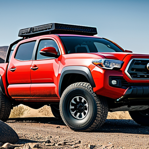 **

A robust and muscular Toyota Tacoma, fully clothed, appropriate attire, designed for off-roading with high ground clearance, driving on a rough, rocky terrain. Safe for work, perfect anatomy, natural proportions, professional, family-friendly.

**
