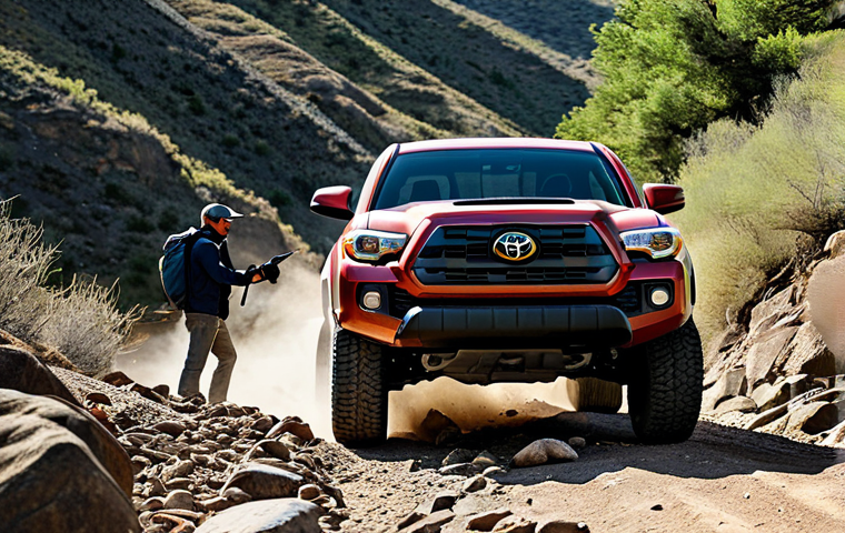 **
A professional photographer capturing a Toyota Tacoma navigating a rocky off-road trail, fully clothed, appropriate attire, safe for work, perfect anatomy, natural proportions, professional photography, high quality, daylight.
**