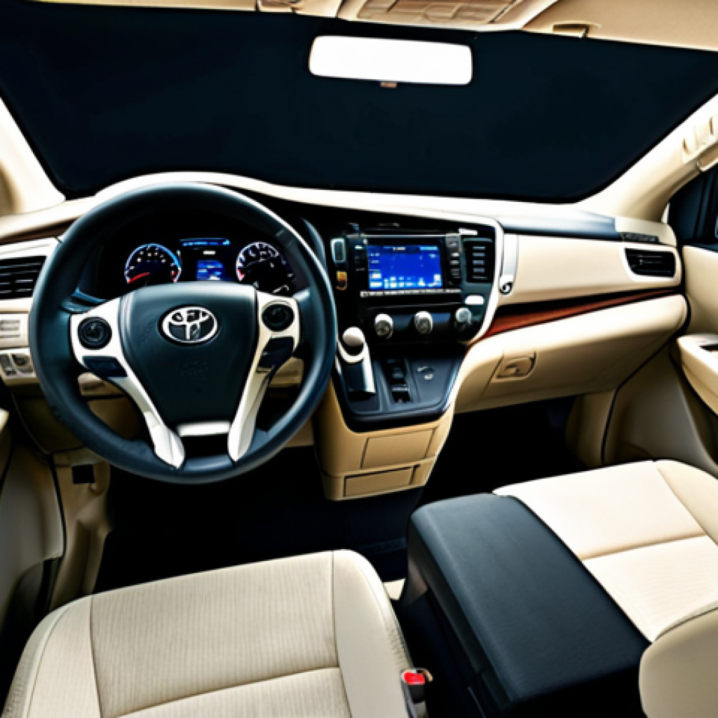 Toyota Sienna Interior**

"Spacious interior of a Toyota Sienna MPV, comfortable seating arrangement with soft cushions, ample legroom, ambient lighting, large windows, family-friendly atmosphere, safe for work, appropriate content, fully clothed, professional, modest, perfect anatomy, natural proportions, well-formed hands, proper finger count, natural body proportions."

**