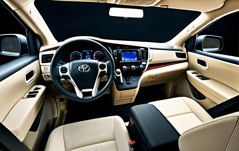 Toyota Sienna Interior**
"Spacious interior of a Toyota Sienna MPV, comfortable seating arrangement with soft cushions, ample legroom, ambient lighting, large windows, family-friendly atmosphere, safe for work, appropriate content, fully clothed, professional, modest, perfect anatomy, natural proportions, well-formed hands, proper finger count, natural body proportions."
**