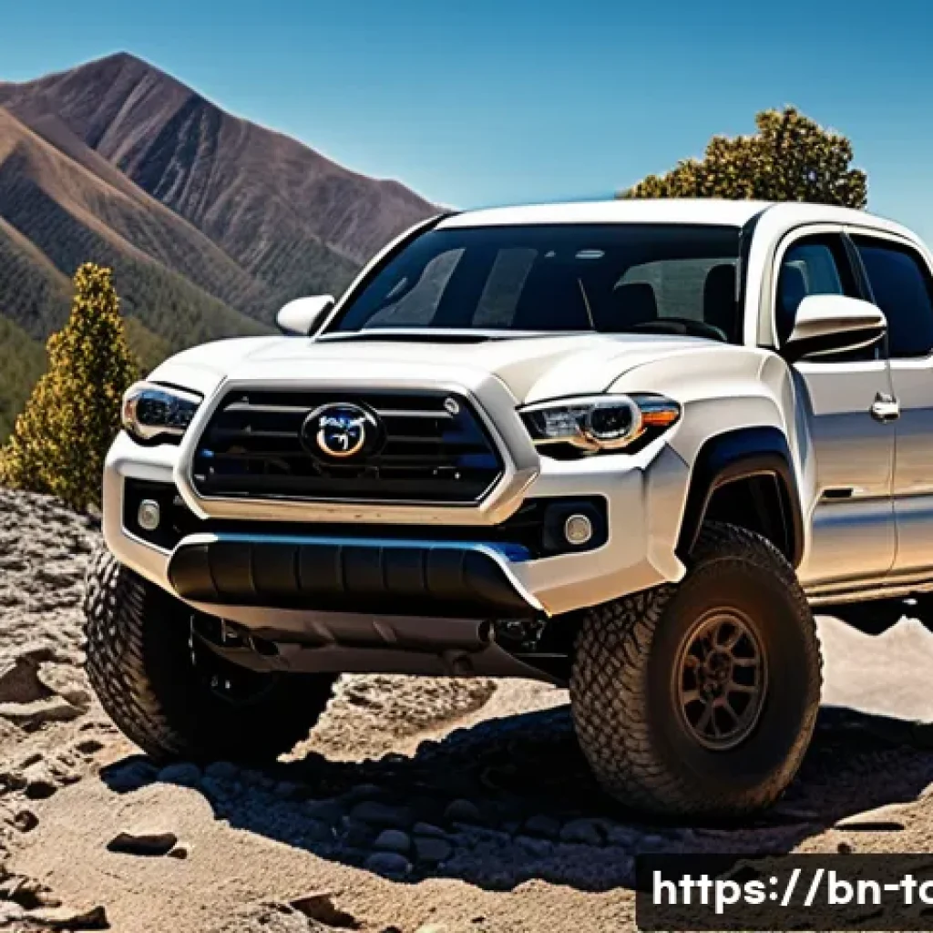 토요타 타코마의 장기 시승기 - A rugged Toyota Tacoma pickup truck navigating a rocky, mountainous off-road trail in vibrant daylig...