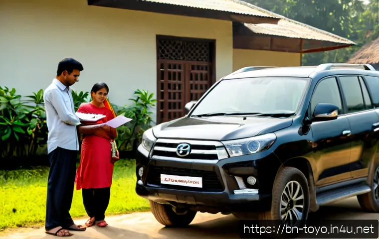 토요타 하이랜더 하이브리드의 보험료 - Photorealistic modern hybrid midsize SUV parked beside a quiet suburban home in Bangladesh, a Bengal...