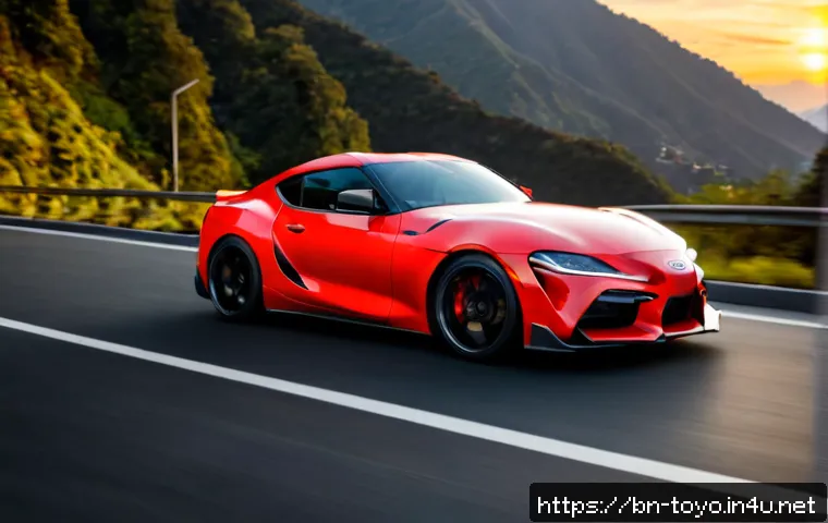 토요타 수프라의 주행 성능 리뷰 - Photorealistic high-performance Japanese sports coupe inspired by a modern Toyota Supra, vivid red p...