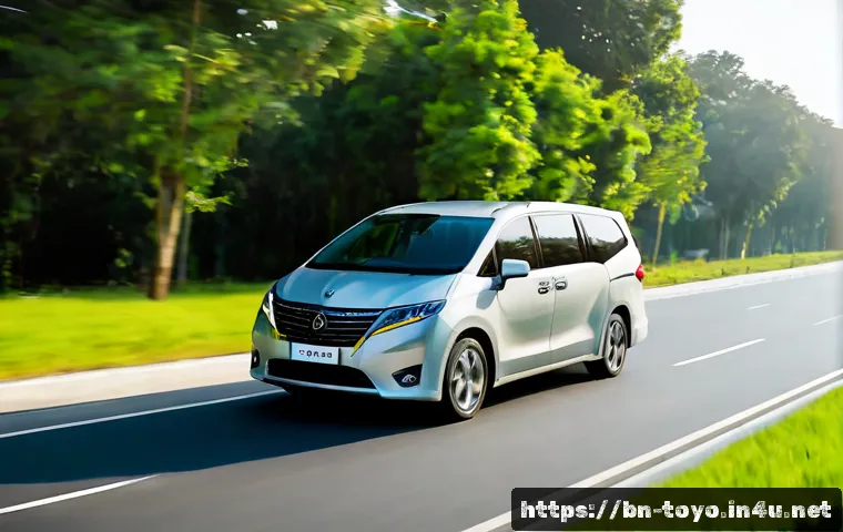 토요타 시에나 하이브리드 연비 분석 - Photorealistic modern hybrid family minivan driving smoothly along a sunlit suburban highway, three-...